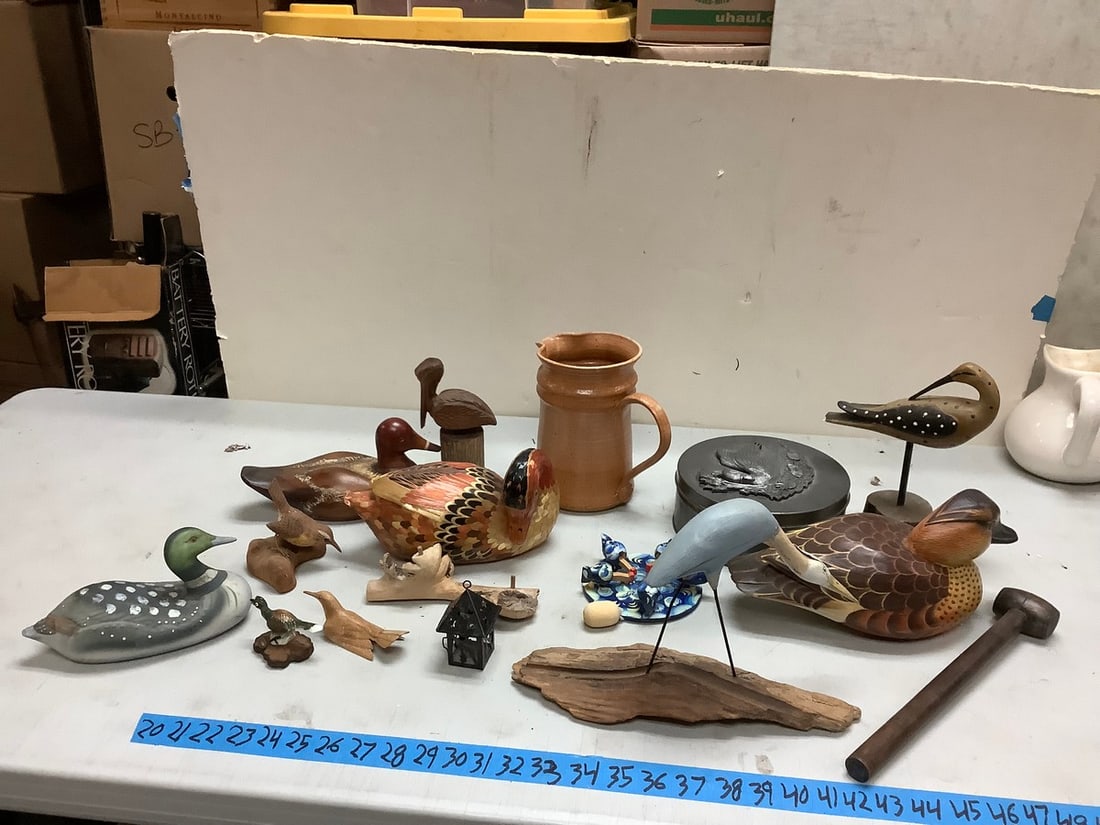 Lot of wood figures, tin container pottery creamer and more: Lot of wood figures, tin container pottery creamer and more