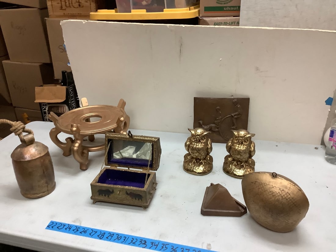 Lot of brass owl book ends, bells,  plant stand and more 9in tallest (1 of 1)