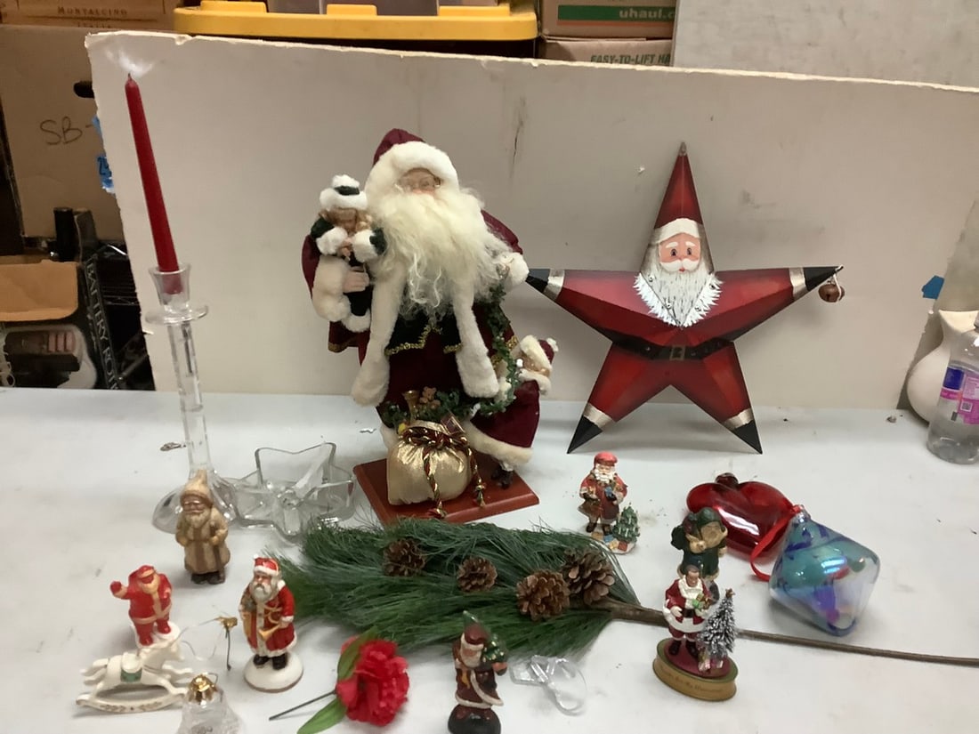 Lot of tin santa star,  santa figure 18in tall, christmas ornaments and candle holder with candle (1 of 1)