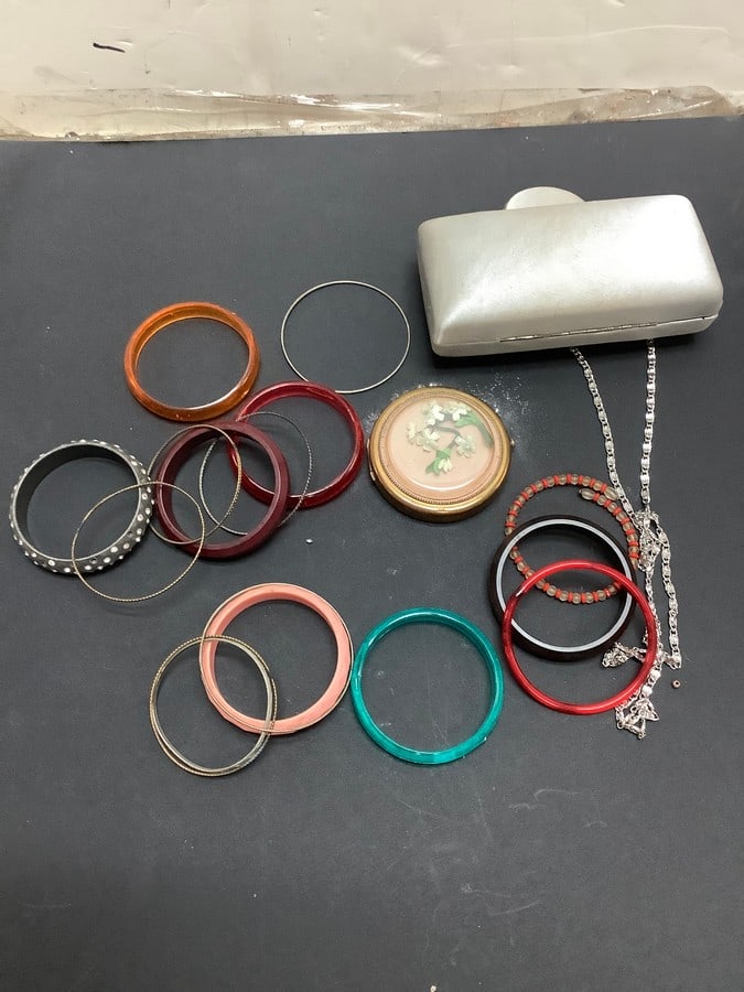 Lot of Bakealite Bracelets and Fellini Clutch: Lot of Bakealite Bracelets and Fellini Clutch