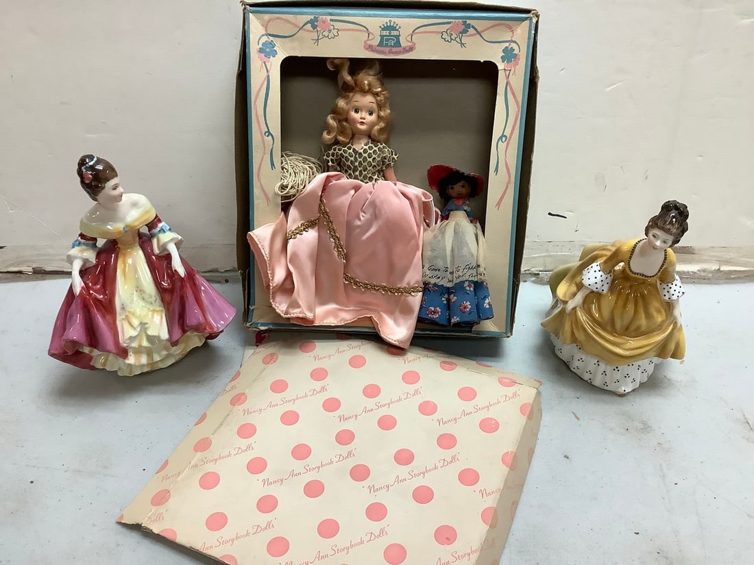 Lot of vintage Nancy Ann storybook doll and Royal Doulton ceramics(tallest 7.5in.): Lot of vintage Nancy Ann storybook doll and Royal Doulton ceramics(tallest 7.5in.)