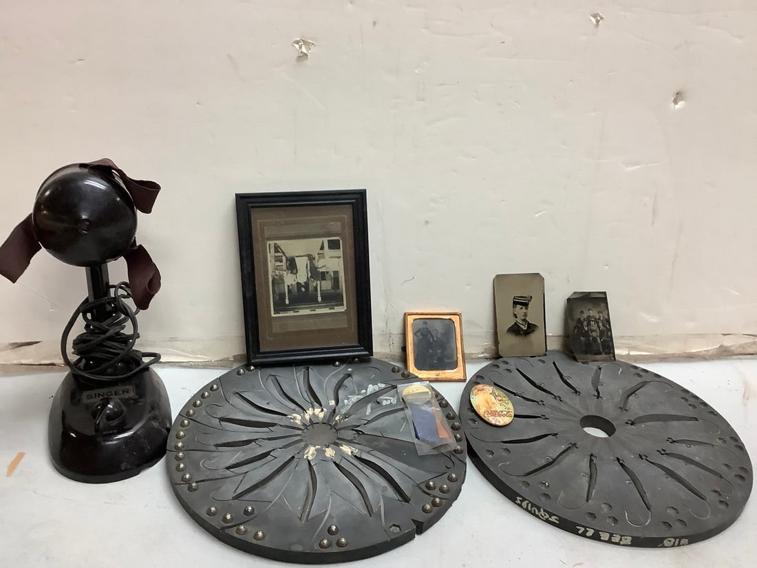 Lot of vintage photographs, pins, Singer 3 straps vintage fan, decorative plates(11.5in), and more (1 of 1)