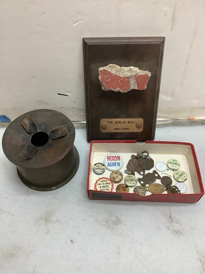 Lot of vintage political pins, collectible Berlin wall piece(1961-1989) plaque, and more (1 of 1)