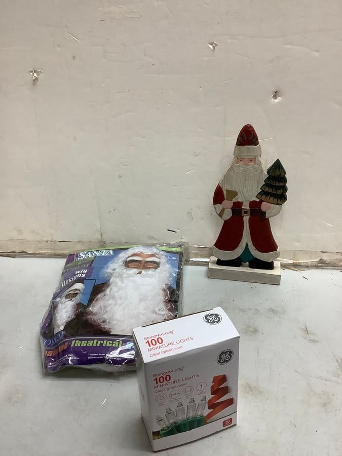 Lot of santa beard, christmas lights and santa figure 12in tall: Lot of santa beard, christmas lights and santa figure 12in tall