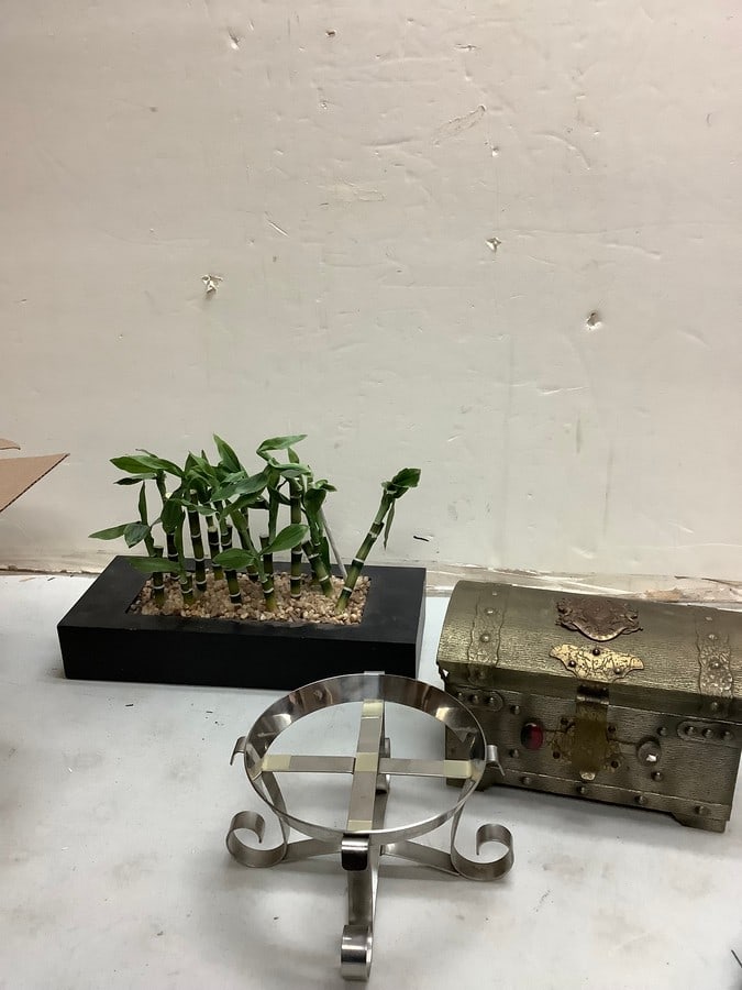 Lot of small bamboo garden 14x6 widthxlength, metal plant stand and chest: Lot of small bamboo garden 14x6 widthxlength, metal plant stand and chest