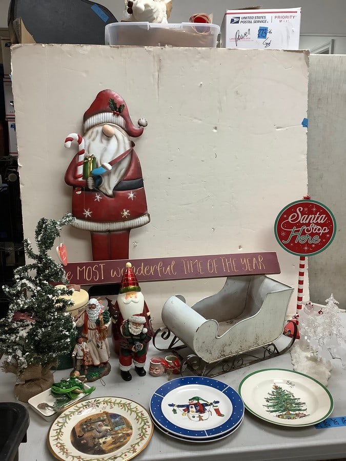 Lot of Christmas decorations(plates, statues, sled, and more-tallest about 38in.): Lot of Christmas decorations(plates, statues, sled, and more-tallest about 38in.)