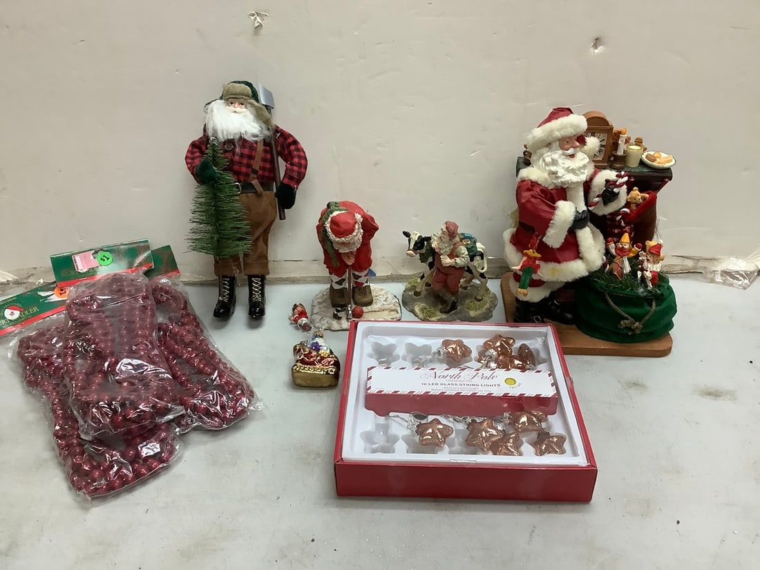 Lot of Santa Statues, String Lights, Wooden Ball Garland and more (tallest - 12.25in) (1 of 1)