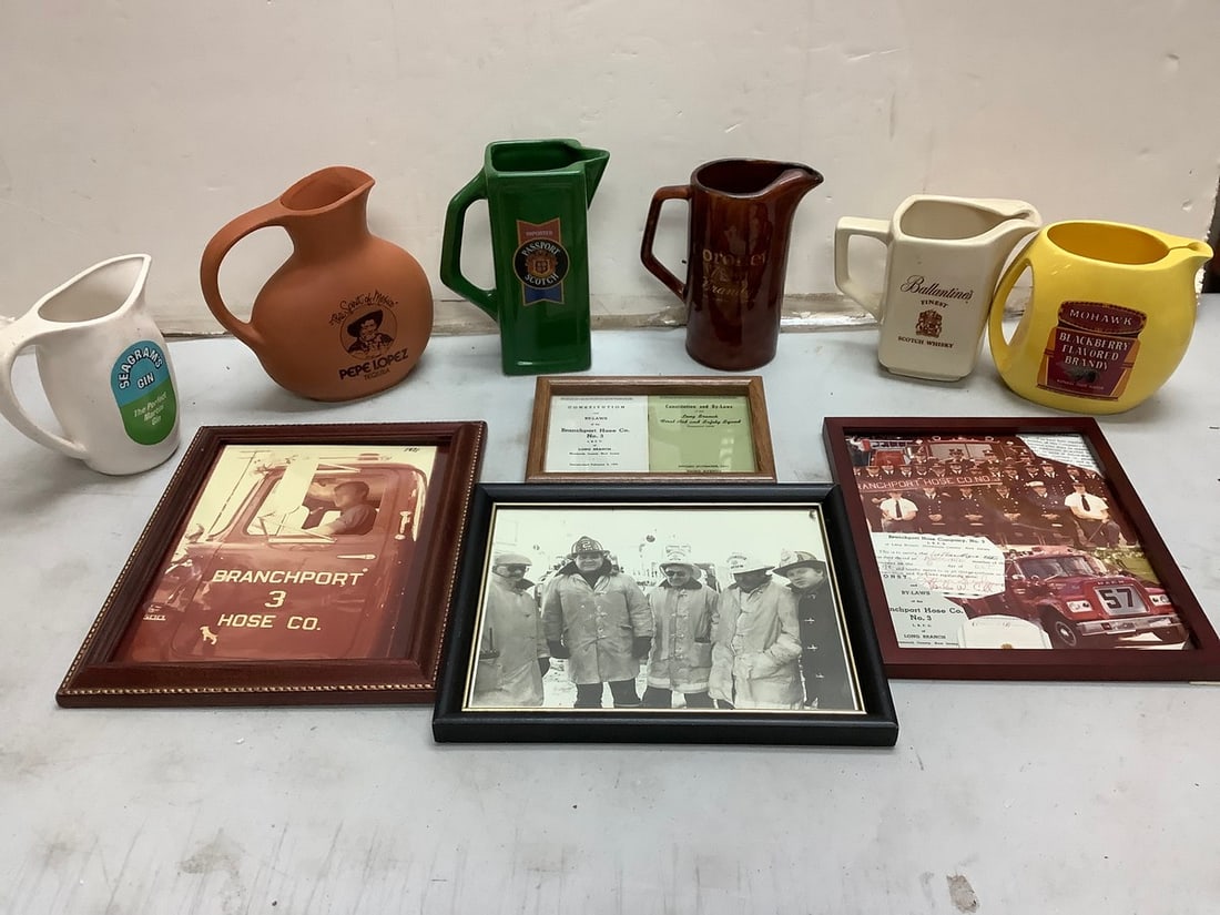 Lot of Water Whiskey Pitchers and Vintage Fire Department Frames (Tallest 7.25in.) (1 of 1)