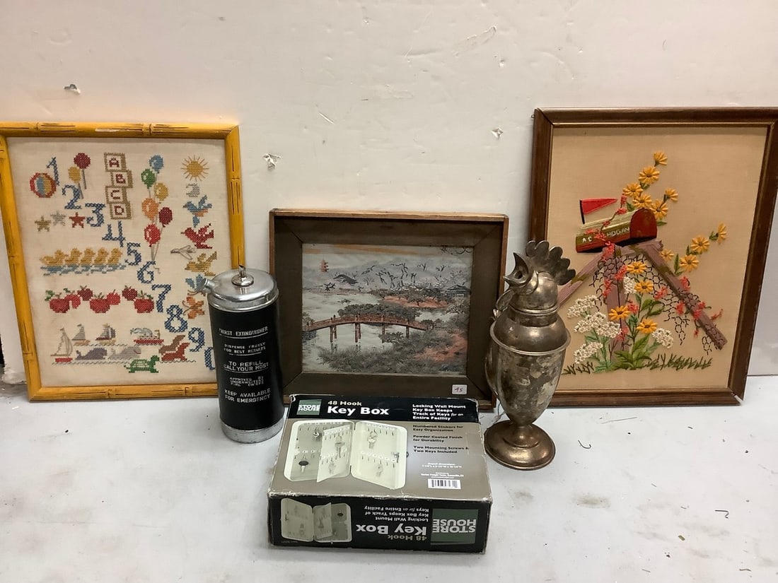 Lot of framed stitchwork art, vintage Art Deco Rooster (13.25in) (1 of 1)