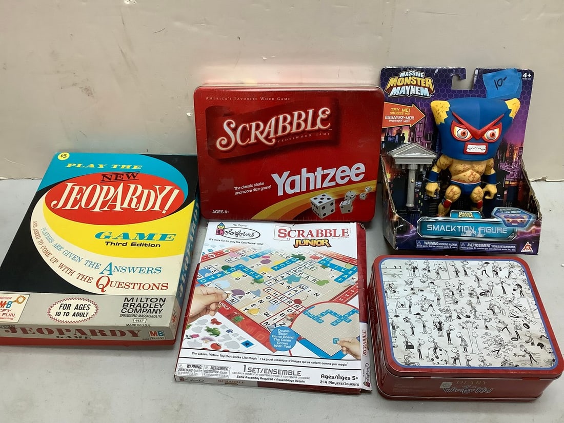Lot of various games(Jeopardy, Scrabble,etc.), Massive Monster Mayhem figure,  and Diary of a Wimpy (1 of 1)
