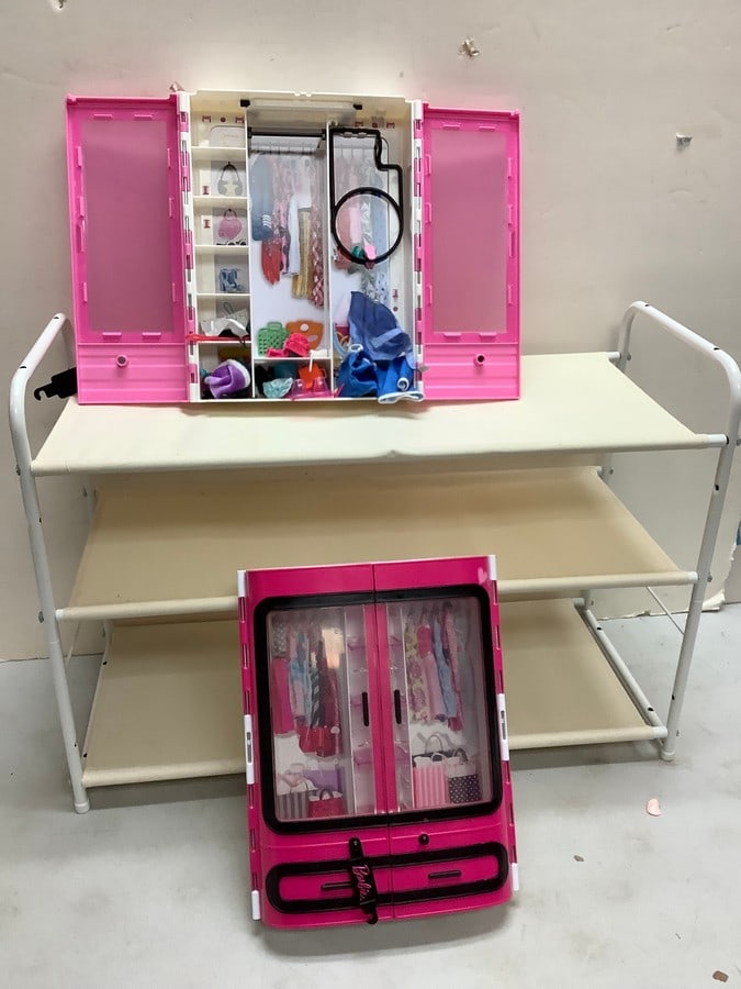 Lot of Barbie doll closets and metal framed stand(27in.x11.5in.x19in.): Lot of Barbie doll closets and metal framed stand(27in.x11.5in.x19in.)