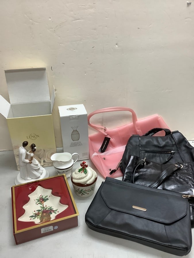 Lot of Lenox ceramics, Shannon crystal hospitality covered box, and various handbags (1 of 1)