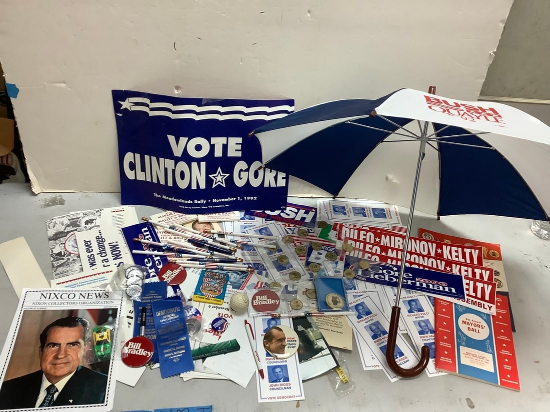 Lot of vintage politcal items(bumper stickers, yard sign, umbrella, and more): Lot of vintage politcal items(bumper stickers, yard sign, umbrella, and more)