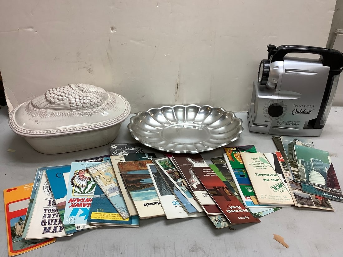 Lot of Noemi Ceramiche bowl with cover, travel brochures, innovage outdoor multi function TV: Lot of Noemi Ceramiche bowl with cover, travel brochures, innovage outdoor multi function TV lantern, and more