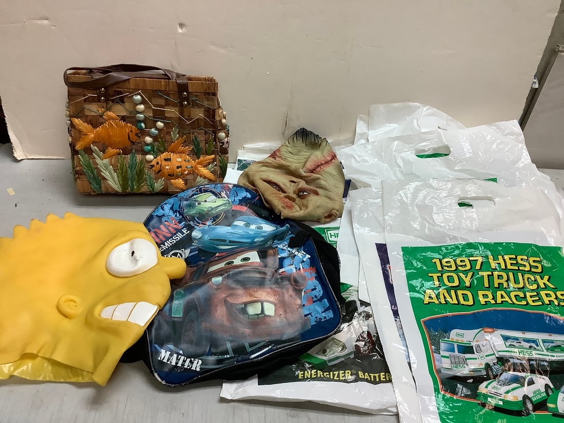 Lot of vintage HESS truck bags(empty), Simpsons mask, horror mask, Cars backpack, and more: Lot of vintage HESS truck bags(empty), Simpsons mask, horror mask, Cars backpack, and more