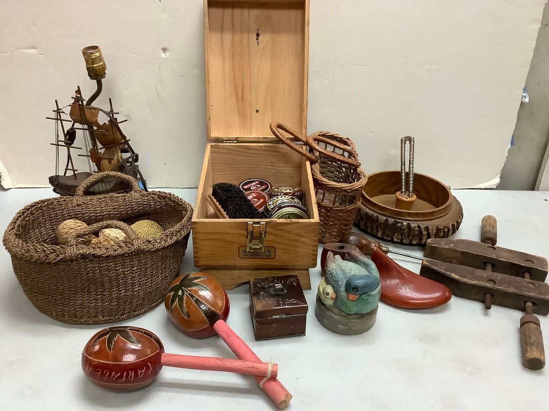 Lot of wooden box shoe cleaning kit, baskets, maracas, and more: Lot of wooden box shoe cleaning kit, baskets, maracas, and more