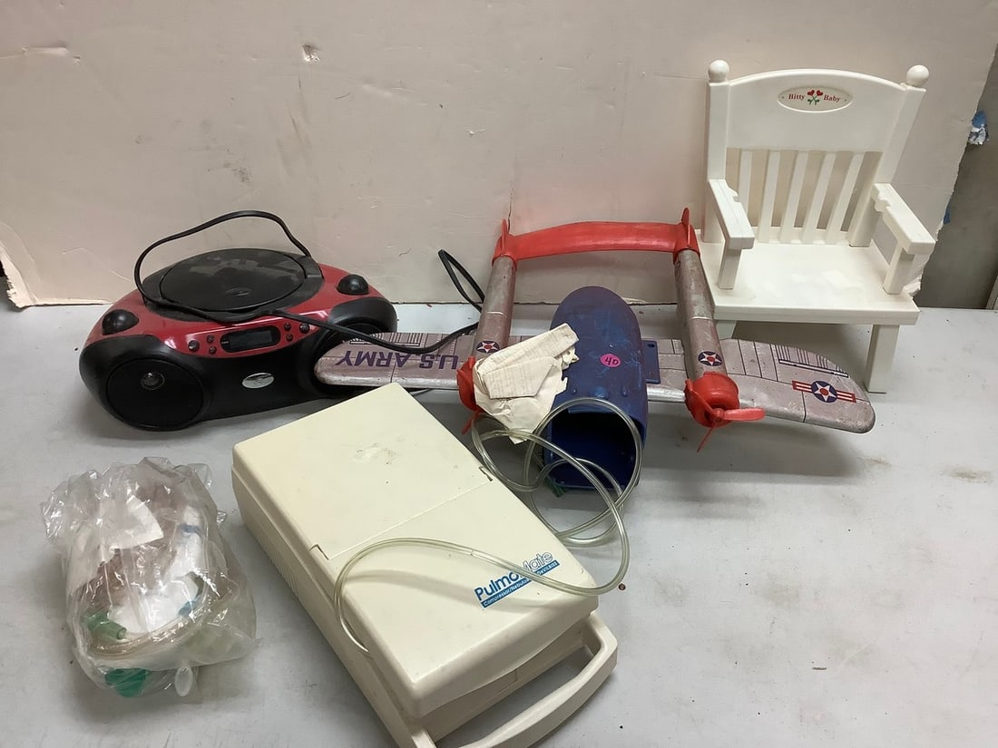 Lot of Pulmomate nebulizer, plane model, vintage Bitty Baby chair(12.5in.tall), and more (1 of 1)