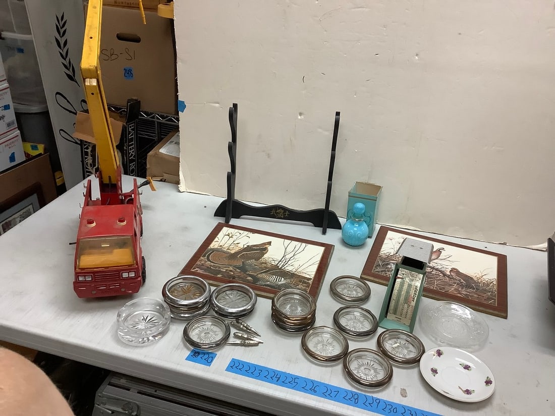 Lot of Framed print (14inx 11in), ashtrays, toy firetruck and more: Lot of Framed print (14inx 11in), ashtrays, toy firetruck and more
