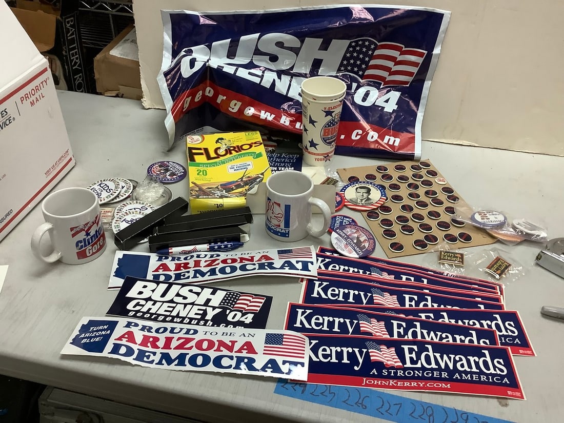 Lot of political pins, banners, 7/11 bush cups, political mugs and more: Lot of political pins, banners, 7/11 bush cups, political mugs and more
