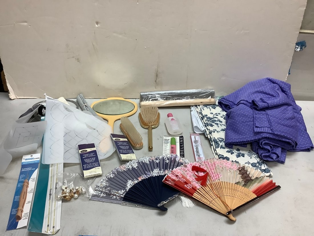 Lot of beauty products, fabric, handmade fans, and more: Lot of beauty products, fabric, handmade fans, and more