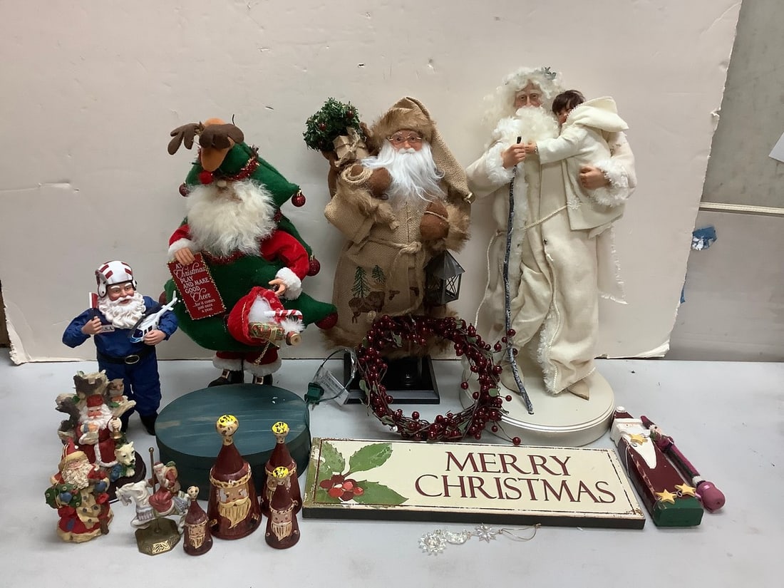 Lot of various santa statues and Merry Christmas wall hanging sign(20in.tallest) (1 of 1)