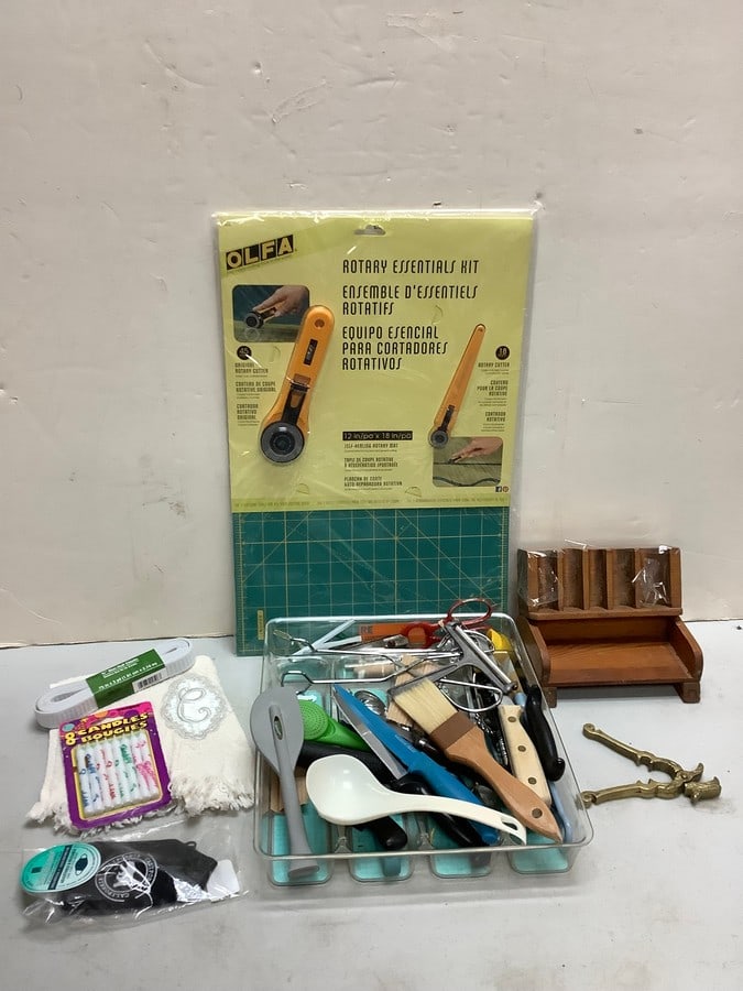 Lot of Olfa rotary essentials kit, wooden coin holder, and more (1 of 1)