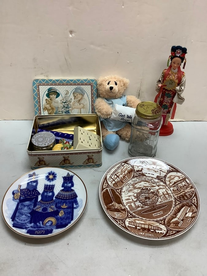 Lot of decorative plates, oriental statue(12in.tall), get well teddy bear, and more (1 of 1)