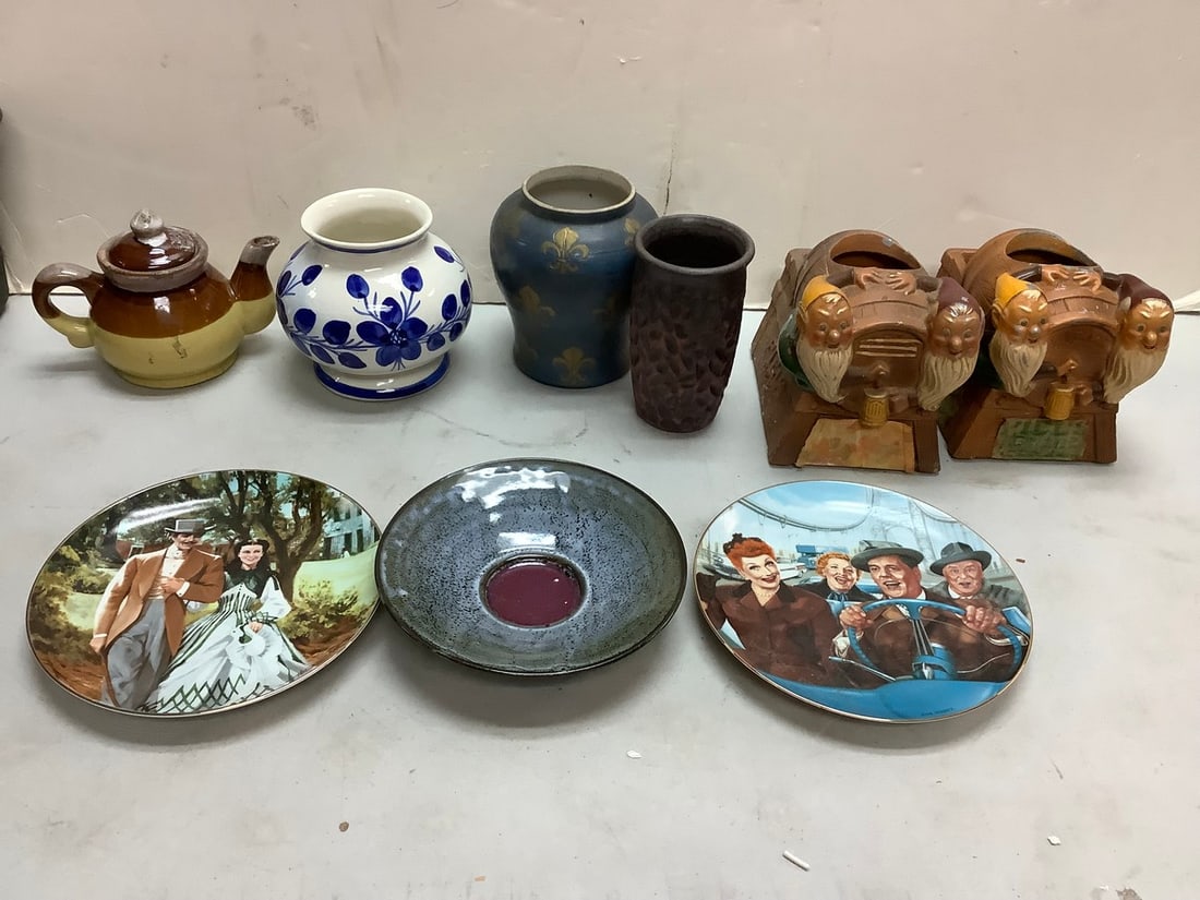Lot of decorative plates, vases, vintage Piel's Beer coasters, and house decor(6.25in.tallest) (1 of 1)