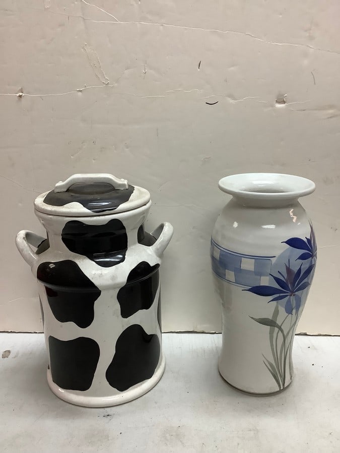 Lot of decorative vase(11in.tall) and cow themed ceramic jug (1 of 1)