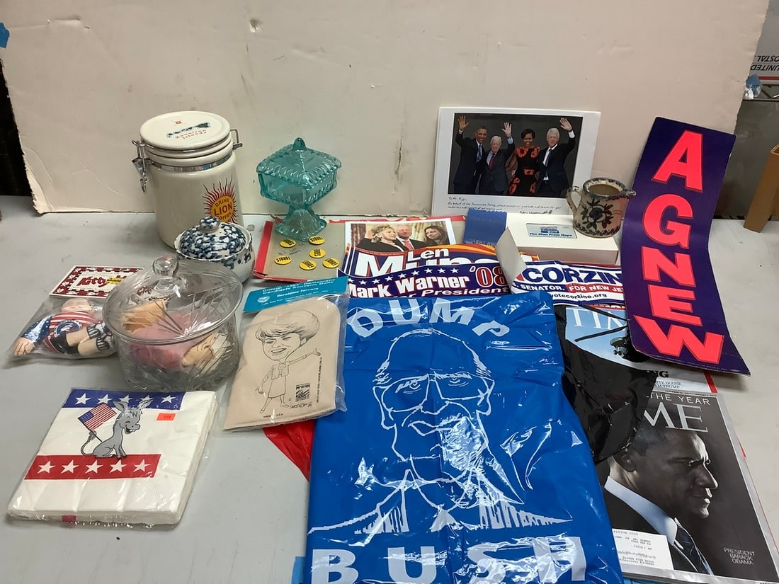 Lot of presidential plastic bags, bumper stickers, Kitty Hoots presidential doll, and more: Lot of presidential plastic bags, bumper stickers, Kitty Hoots presidential doll, and more