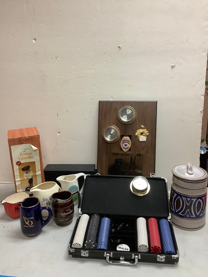 Lot of Pottery craft ceramic(11.25in.tall), poker set,water whiskey pitchers, and more (1 of 1)