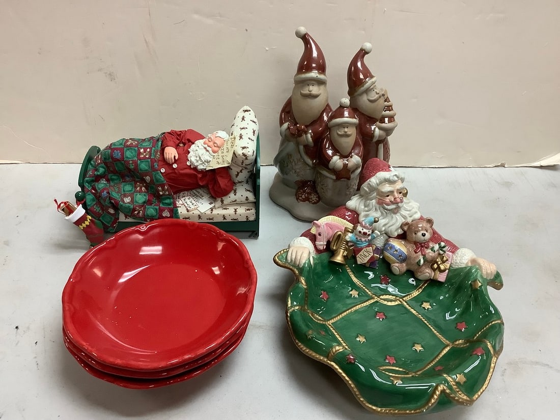 Lot of Christmas decor(Fitz and Floyd dish,PDL santa in bed , statue, and more-tallest 10in.) (1 of 1)
