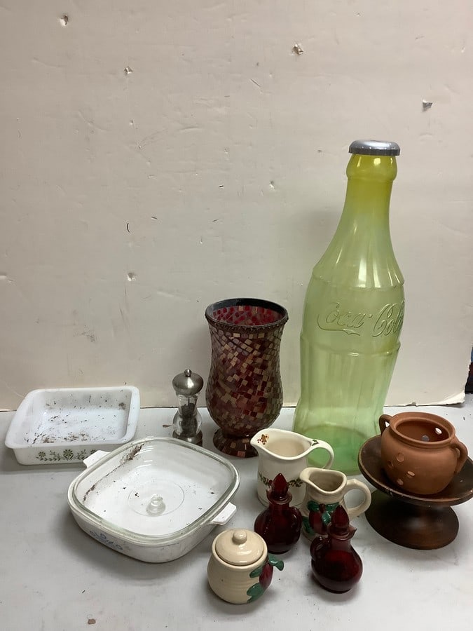 Lot of Coca-Cola bank(23.5in.tall), corningware, and more: Lot of Coca-Cola bank(23.5in.tall), corningware, and more