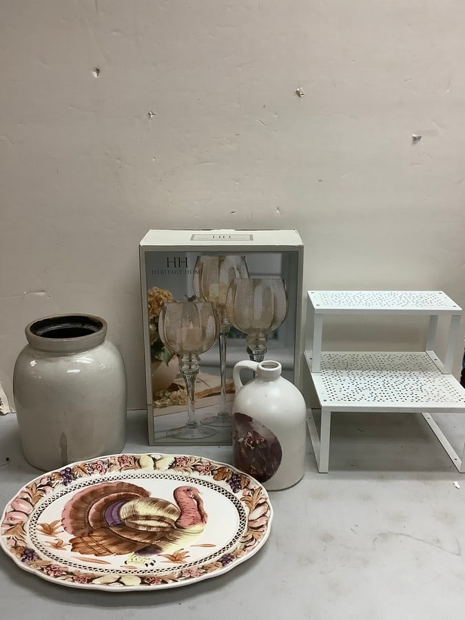 Lot of Heritage Home set of 3 candleholders, planter stand, decorative turkey platter(18in.x14in.), (1 of 1)