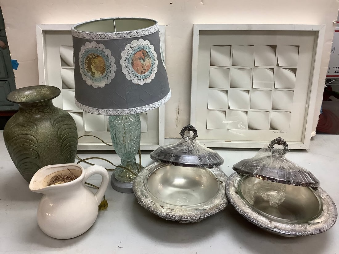 Lot of signed and framed square artwork(17in.x17in.), F.B. Rogers silver company bowls with lids, (1 of 1)