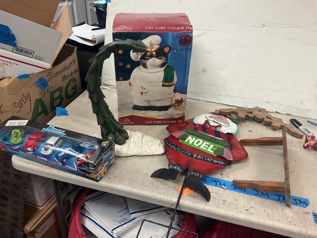 Lot of cat chef cookie jar, christmas decorations, muscle machines toy cars and more (1 of 1)