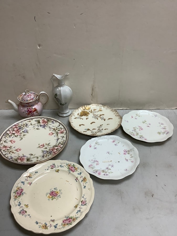Lot of various decorative plates(The Edwin M. Knowles, P.U limoges, etc.), pitcher(8in.tall), and (1 of 1)