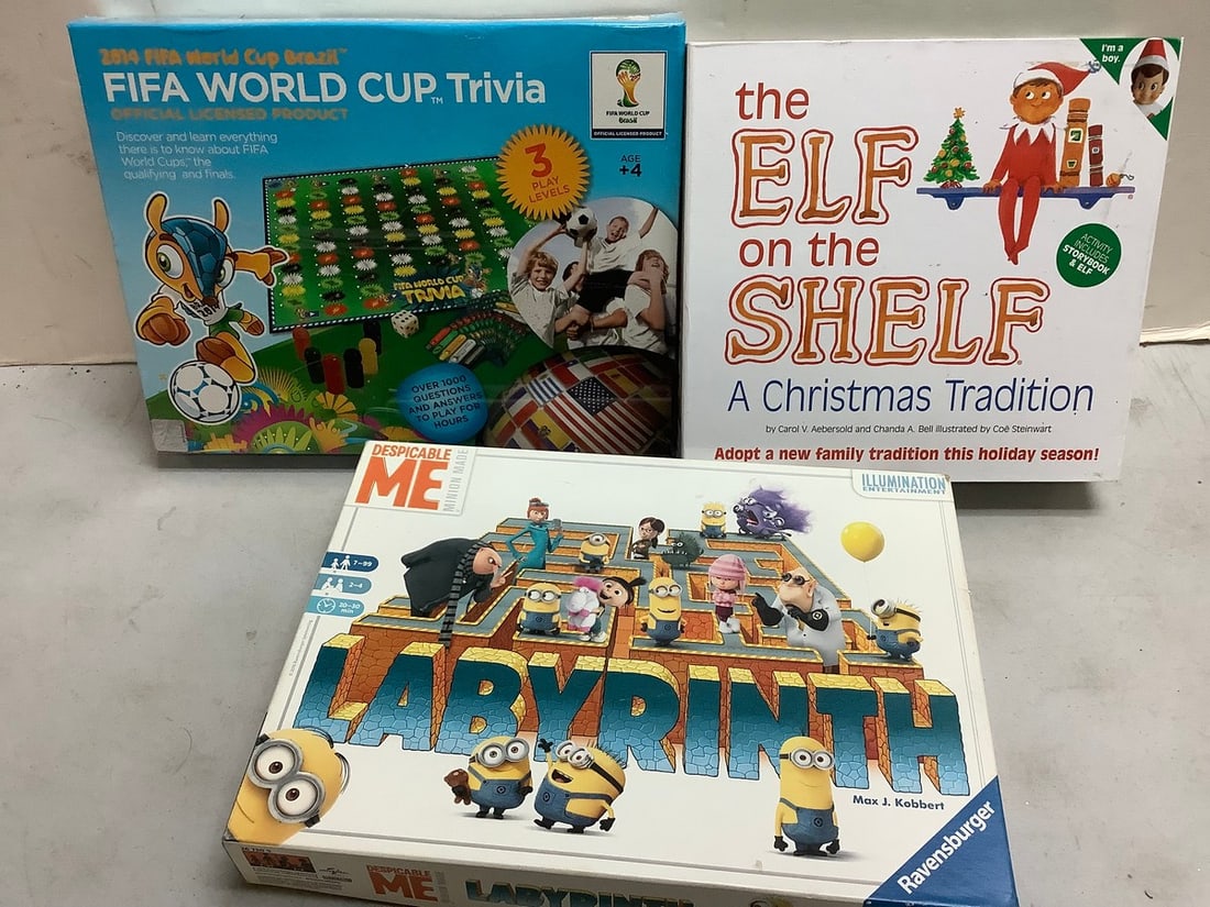 Lot of board games(Despicable Me Labyrinth, FIFA world cup trivia), The Elf on The Shelf storybook: Lot of board games(Despicable Me Labyrinth, FIFA world cup trivia), The Elf on The Shelf storybook and elf