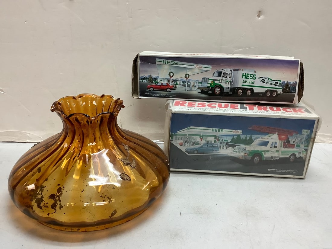 Vintage HESS trucks and orange lamp cover: Vintage HESS trucks and orange lamp cover