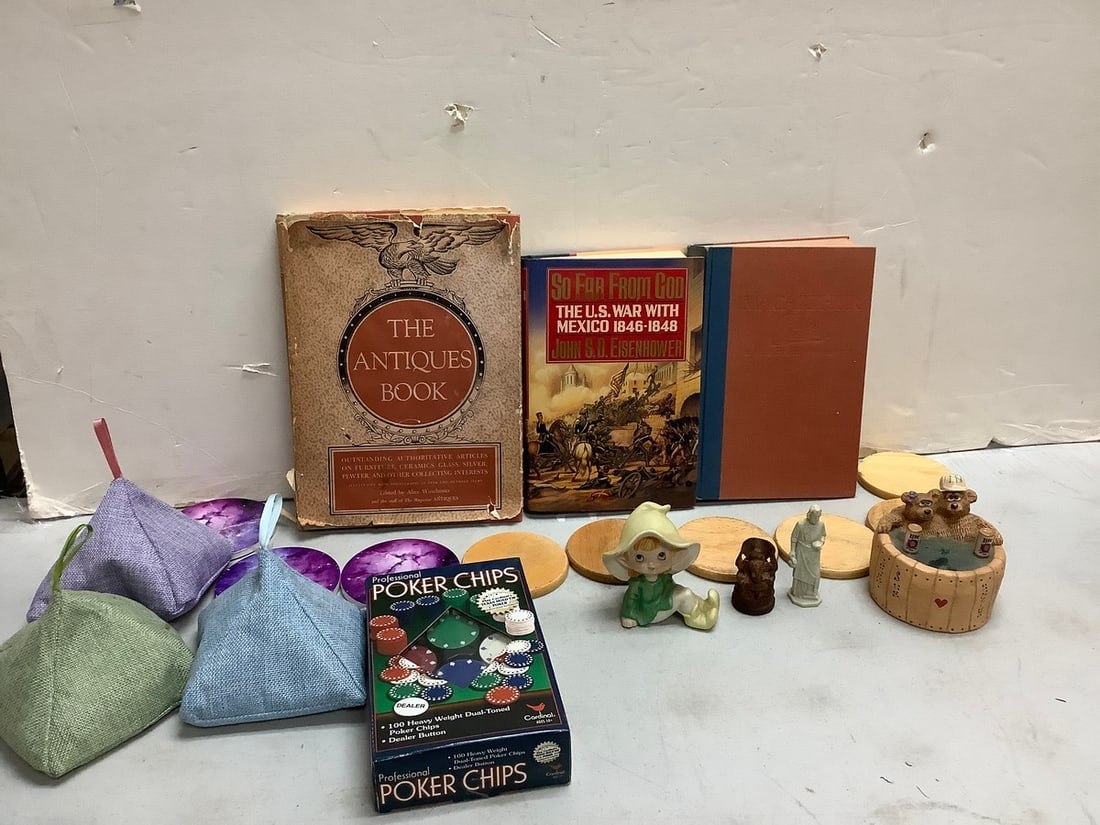 Lot of vintage books(History, war, antiques),Poker chips set, and more: Lot of vintage books(History, war, antiques),Poker chips set, and more