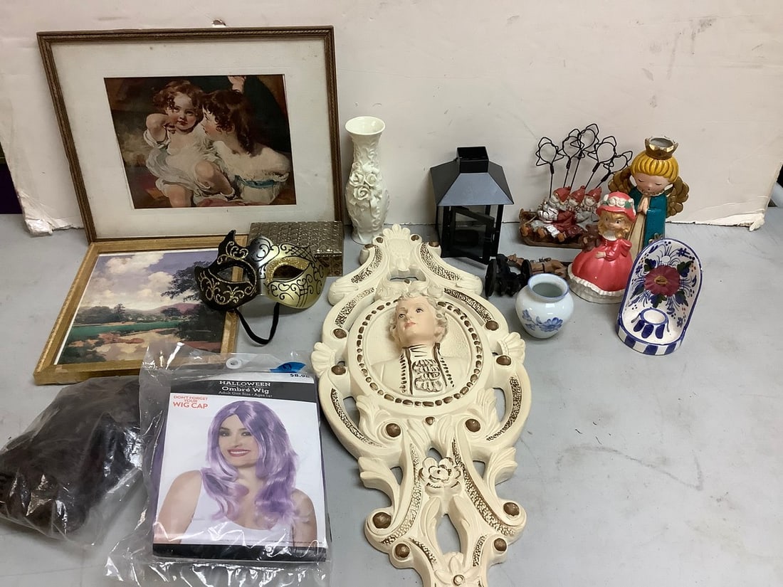 Ceramic wall hanging decor(24.5in.tall), Halloween wig/decoration mask, framed artwork, and more (1 of 1)