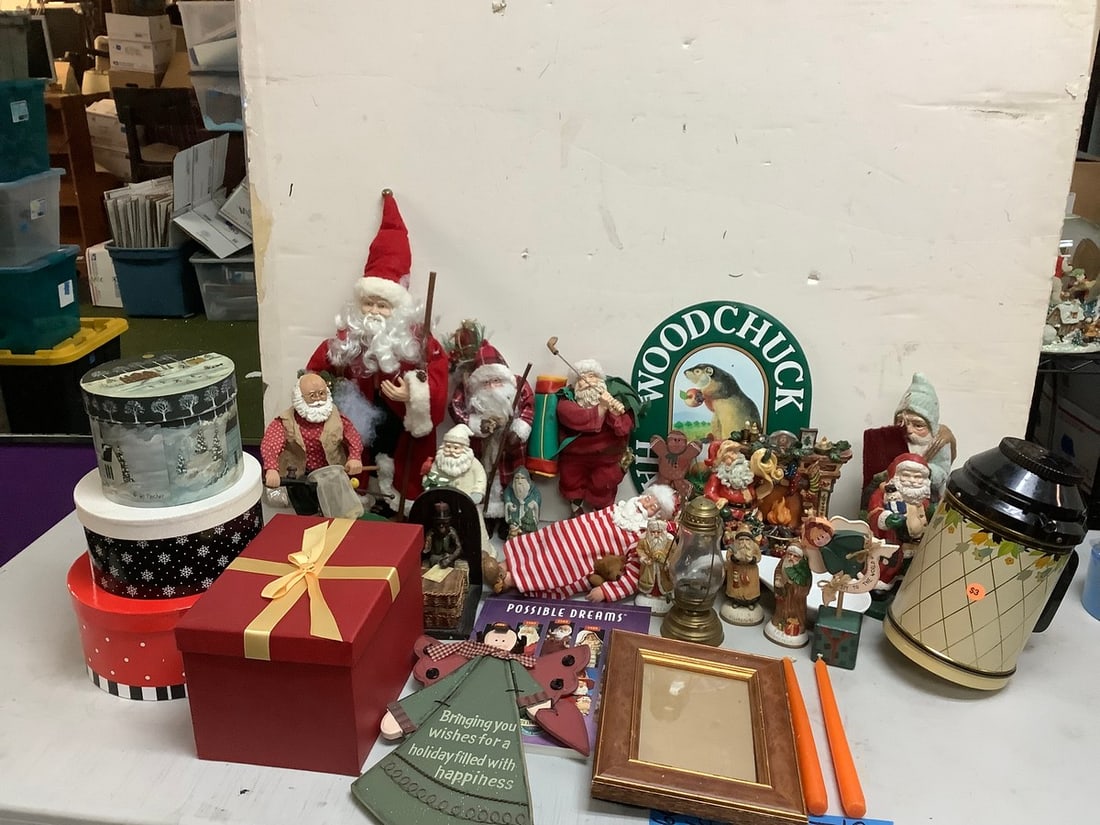 Cast iron Santa, Christmas statues, Woodchuck hard cider wall decor, and more: Cast iron Santa, Christmas statues, Woodchuck hard cider wall decor, and more