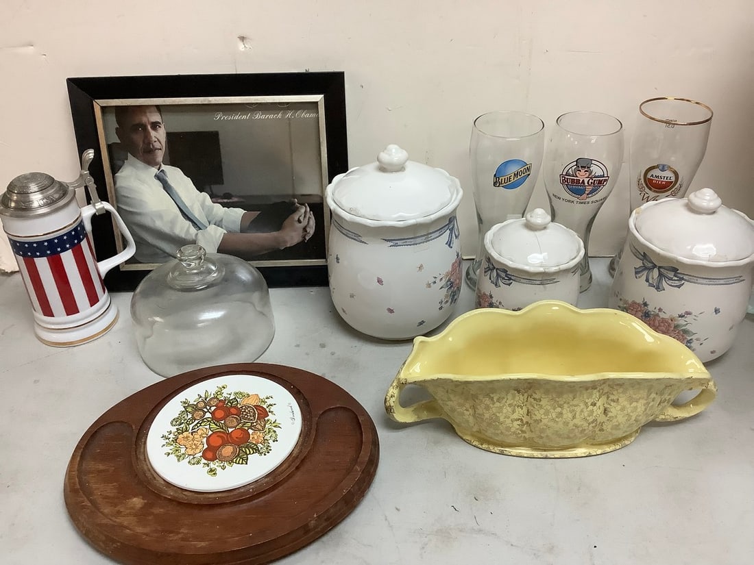 Various beer glasses(tallest 9.25in.), Gerz patriotic stein, ceramic jars,and more(slightly damaged) (1 of 1)