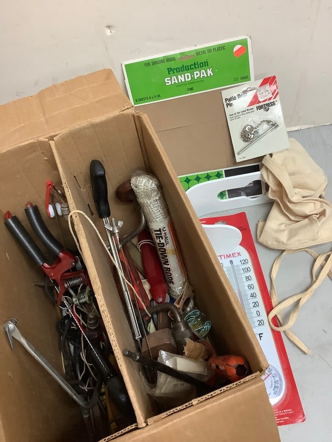 Timex thermometer, U-Haul tie down rope, patio door pin, and various tools (1 of 1)