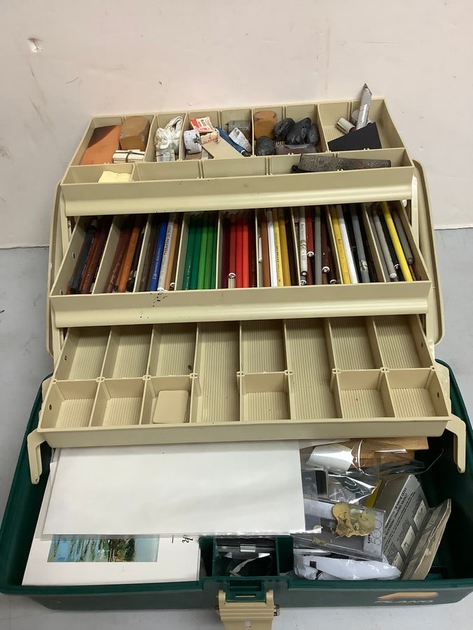 Plano art bin organizer full of art pencils, sharpeners,erasers, and other supplies (1 of 1)