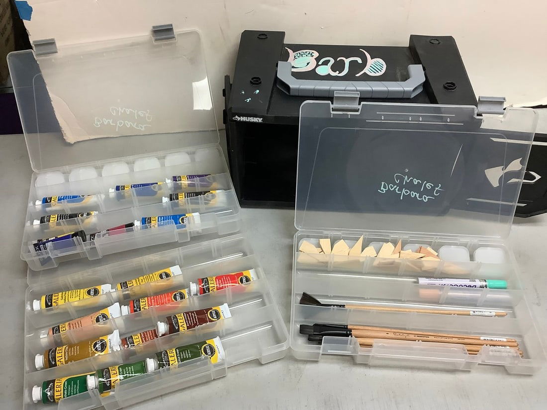 Husky bin organizer set full of art supplies(acrylic paint, various brushes, and more) (1 of 1)