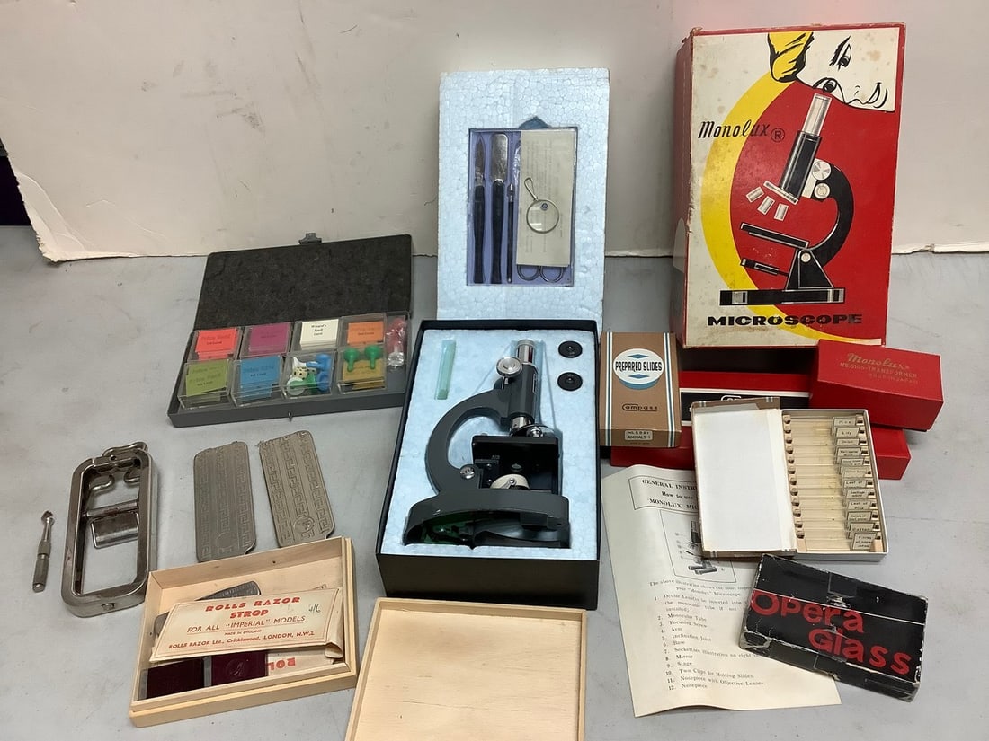 Vintage Monolux microscope, Compass prepared slides, Monolux No.6105 transformer, and more (1 of 1)