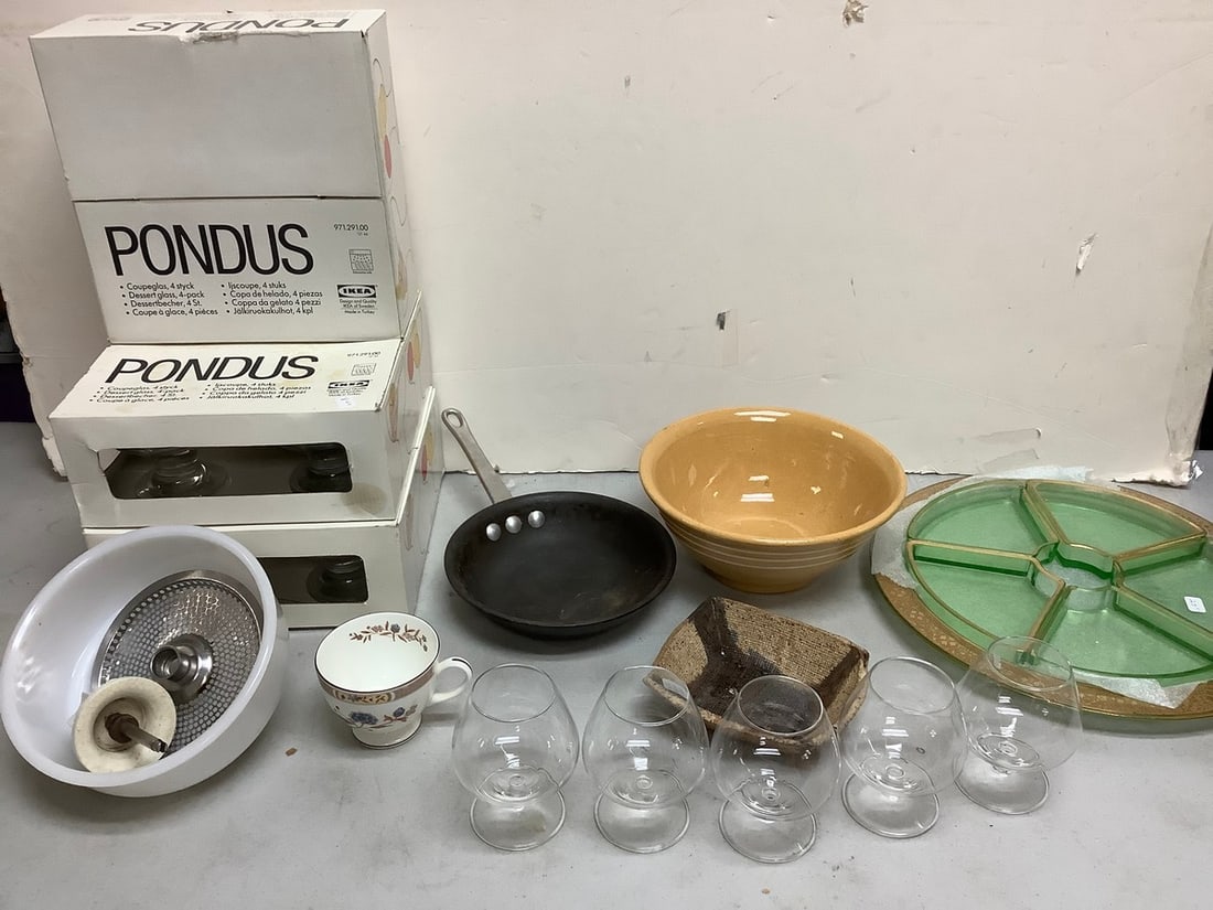 Vintage NSF frying pan, Pondus cocktail glasses, serving plate(13in.long),and more (1 of 1)
