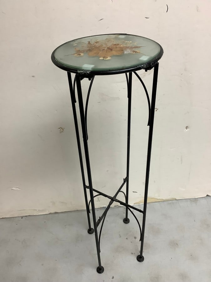 Metal table with decorative glass top(27in.tall): Metal table with decorative glass top(27in.tall)