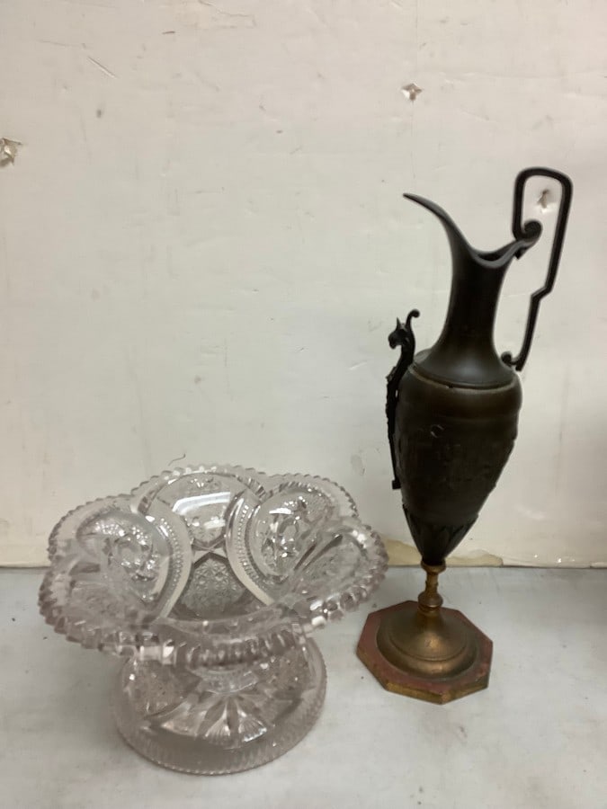 Crystal bowl (5in.tall, 9in.long)and vintage metal pitcher(14in.tall): Crystal bowl (5in.tall, 9in.long)and vintage metal pitcher(14in.tall)